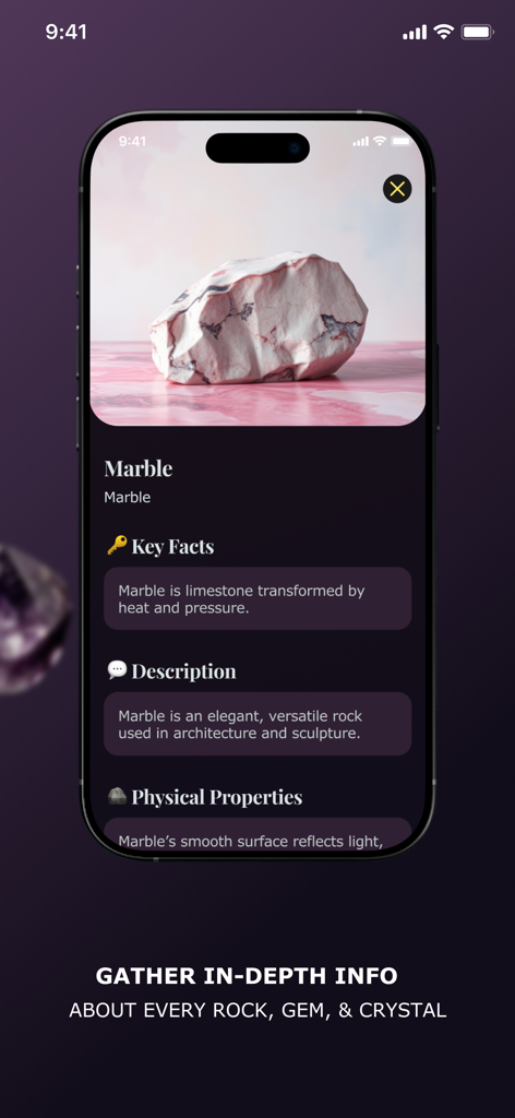 Snap IQ: Rock Identifier - Pantalla de aplicación móvil que muestra información geológica detallada y datos sobre una roca de mármol