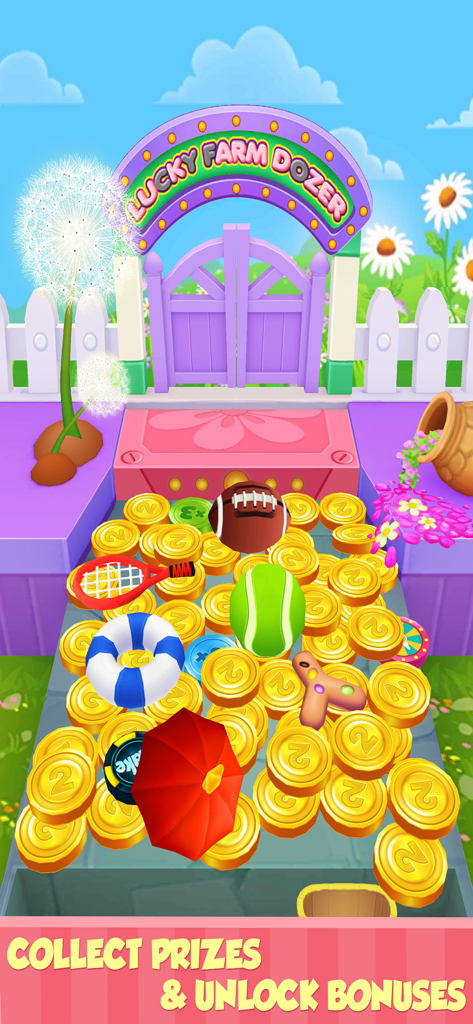 Gameplay screenshot of Coin Mania Prizes Dozer showing gold coins and prizes like a football and tennis ball in the Lucky Farm level
