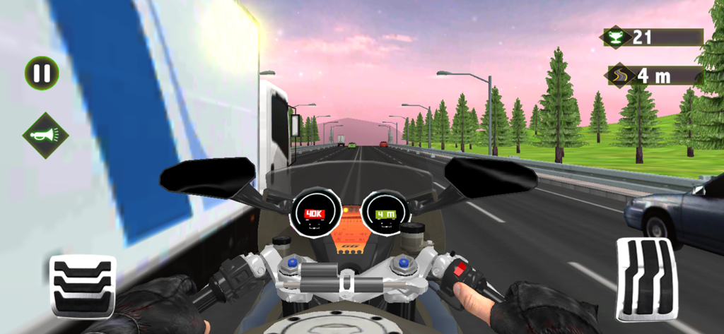 First-person view of a motorcycle racing on a highway passing a white truck