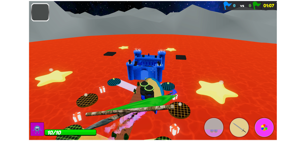 Cookies vs. Claus - Captura de pantalla del gameplay de Cookies vs Claus mostrando un castillo azul y plataformas de estrellas en un paisaje rojo.