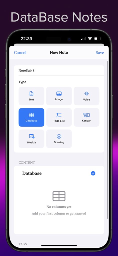 NoteSub - Interfaz de la aplicación NoteSub que muestra la creación de una nueva nota de base de datos con opciones para diferentes tipos de notas como texto, voz y kanban.