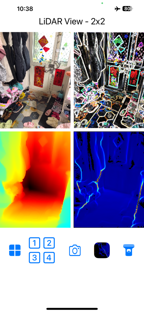LiDAR View - Eine 2x2-Rasteranzeige der LiDAR View App, die Kameraansicht, Konturerkennung und Tiefenkartenvisualisierungen zeigt