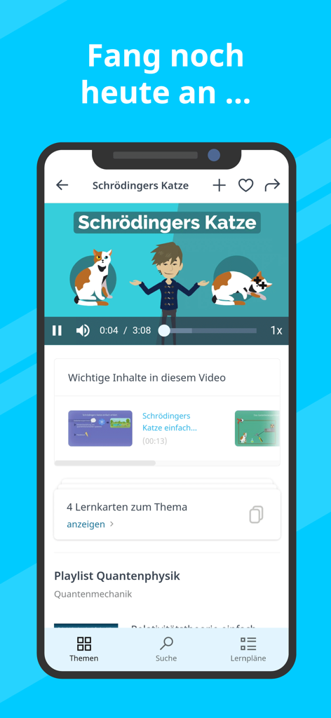 Studyflix mobile app interface featuring an animated video lesson on Schrodingers Cat with accompanying flashcards and a quantum physics playlist.