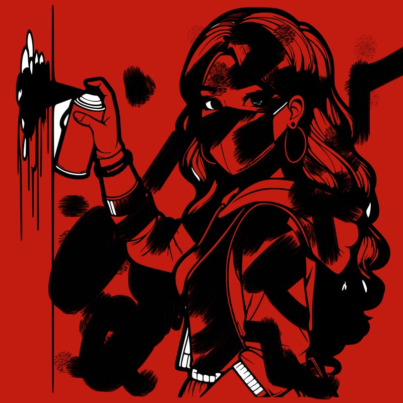 realistic girl with mask spray painting a wall