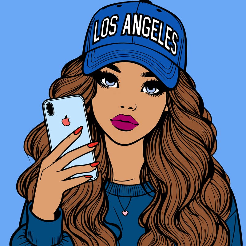 realistic beautiful girl wearing los ángeles cap holding an iphone