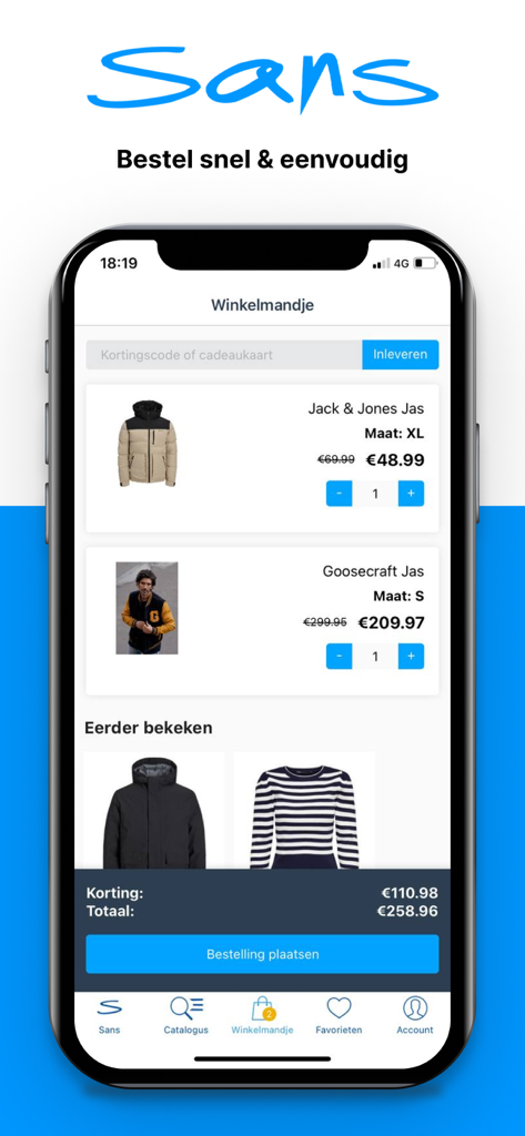 Sans-online mobile app shopping cart interface showing jackets added to the basket and total price.