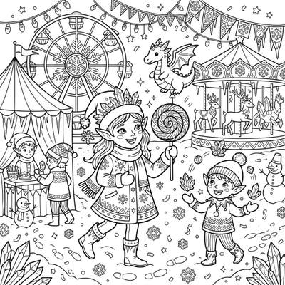 Step into a magical winter wonderland with our enchanting Snow Elves Carnival coloring page. This delightful scene is filled with festive fun, from cheerful elves enjoying rides to whimsical details awaiting your creative touch.