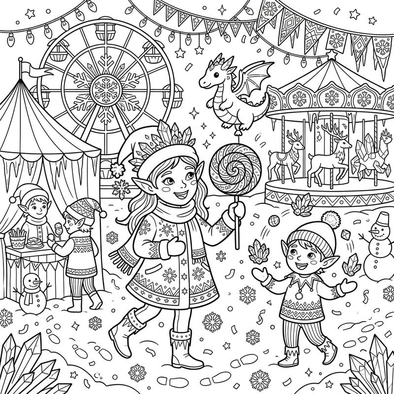 Step into a magical winter wonderland with our enchanting Snow Elves Carnival coloring page. This delightful scene is filled with festive fun, from cheerful elves enjoying rides to whimsical details awaiting your creative touch.