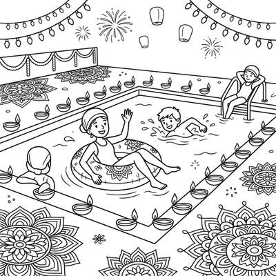 Dive into the festive spirit with this delightful coloring page featuring kids enjoying a pool party amidst beautiful Diwali decorations. Young artists will love bringing to life the happy swimmers, sparkling diyas, and intricate rangoli patterns.