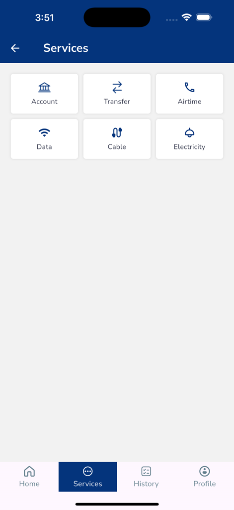 DW MFB - DW MFB app services screen showing icons for account management transfer airtime data cable and electricity payments