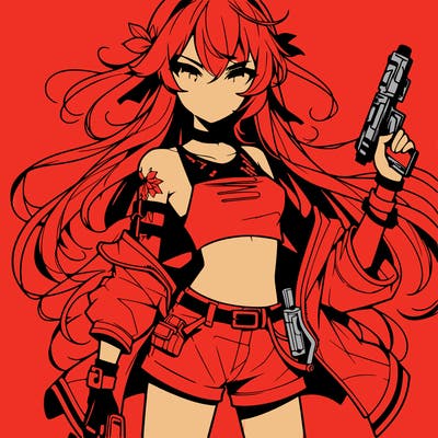 bad girl wearing crop top holding a gun long hair anime