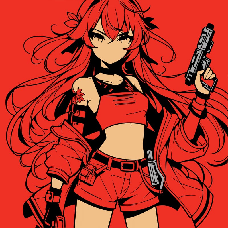 bad girl wearing crop top holding a gun long hair anime
