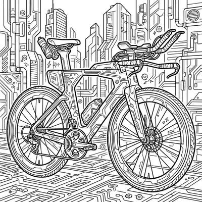 Unleash your creativity with this electrifying cyberpunk triathlon bike coloring page. Explore a high-tech world where athletic prowess meets a futuristic urban landscape, ready for your artistic touch.