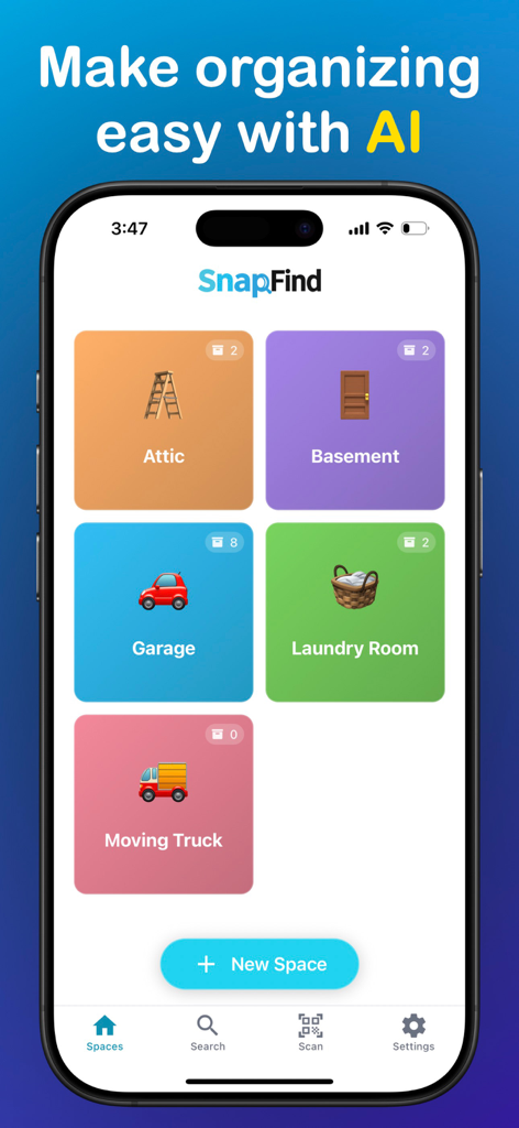 SnapFind app interface displaying organized storage spaces like attic, basement, and garage with item counts.