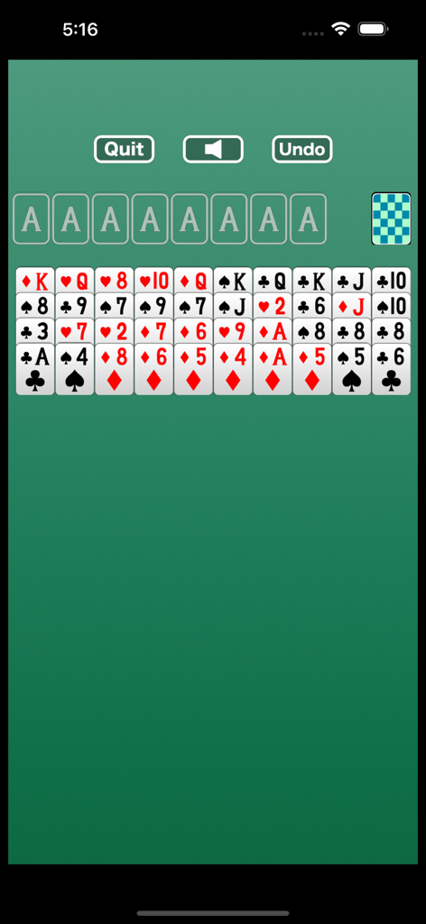 Interfaccia di gioco di Forty Thieves Solitaire che mostra le carte su un tavolo verde con pulsanti annulla ed esci.