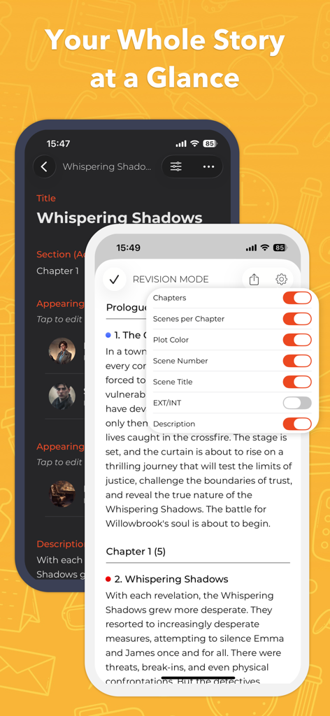 Screenshot of Story Planner for Writers app showing revision mode settings and a structured plot outline