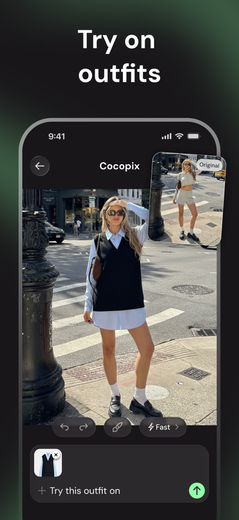Edit Photos with AI - Cocopix - A woman using the Cocopix app to virtually try on a new outfit with AI generative editing.