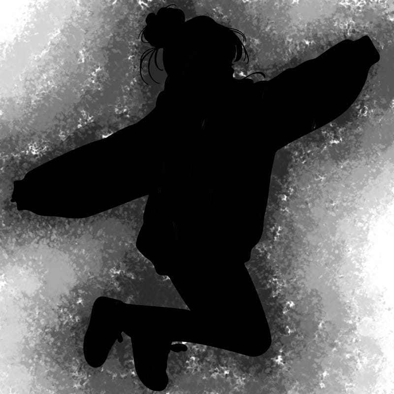 realistic girl jumping with a bun and oversized sweatshirt