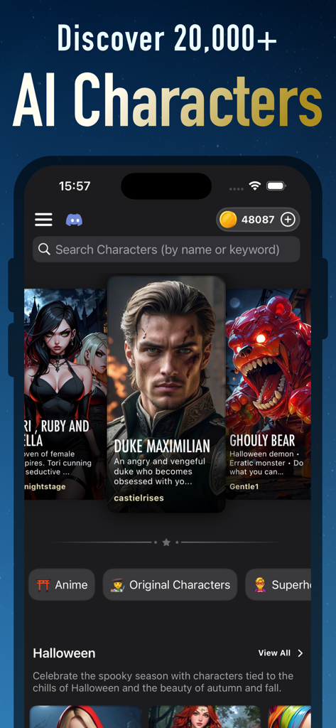 Jupi AIチャットアプリのインターフェース。ロールプレイに利用可能な様々なファンタジーとアニメのキャラクターが表示されています