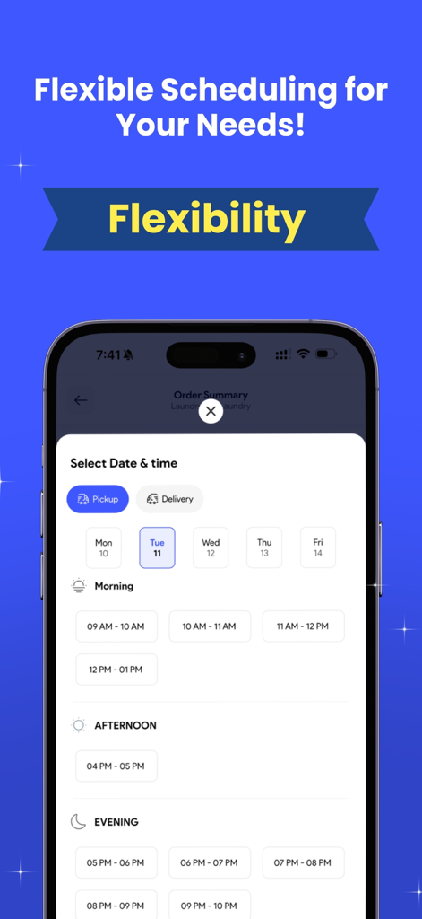 Aldobi: Laundry & Homecare - Aldobiアプリの画面。ランドリーのピックアップと配送スケジュールの柔軟な日付と時間スロットが表示されています。