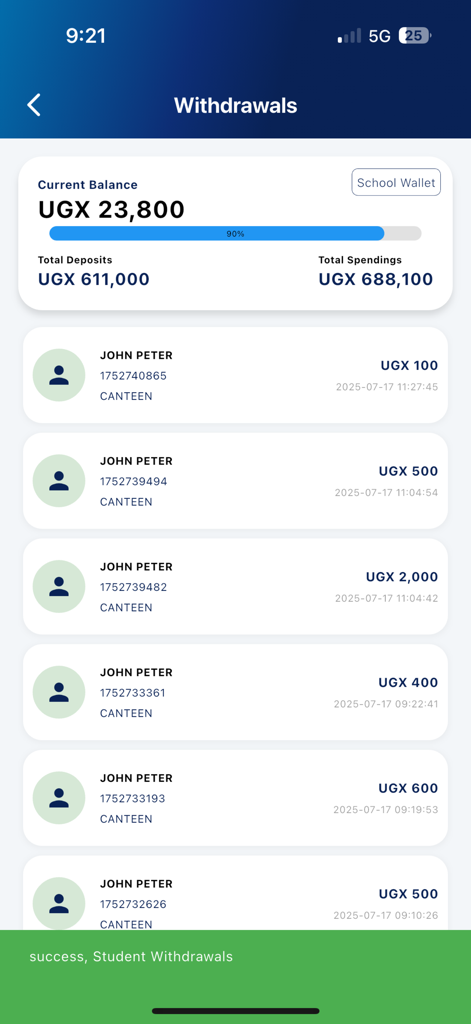 School Wallet - Screenshot of the School Wallet app showing a student withdrawal history with canteen transactions and current account balance
