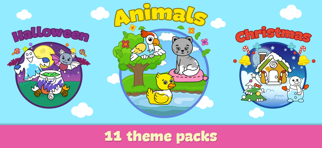 Themed coloring packs for toddlers featuring animals, halloween and christmas illustrations.