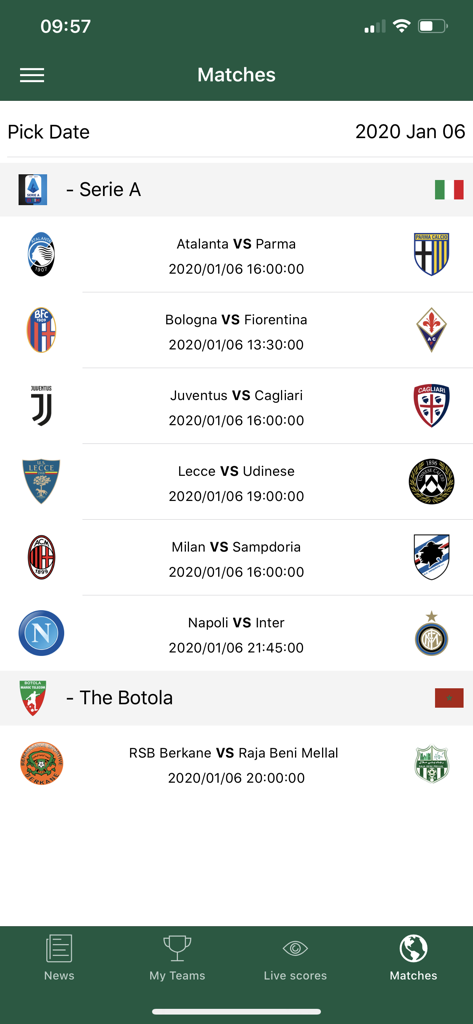 FARPost - Captura de pantalla de la app FARPost que muestra próximos partidos de fútbol de varias ligas, incluida la Serie A.