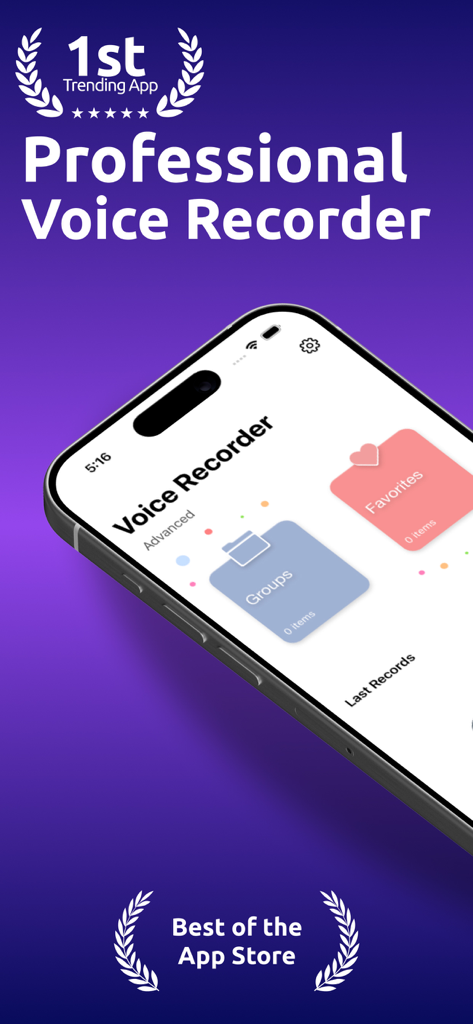 Professional Voice Recorder app interface showing recording groups and favorite folders on an iPhone
