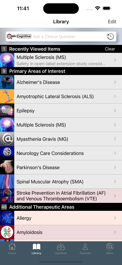 Neurology @Point of Care - Library screen of the Neurology app showing primary areas of interest and medical conditions