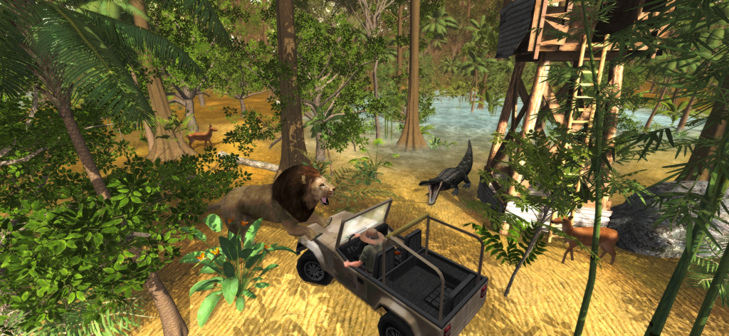 Safari: Evolution - A lion attacking an off road vehicle in the safari evolution game world