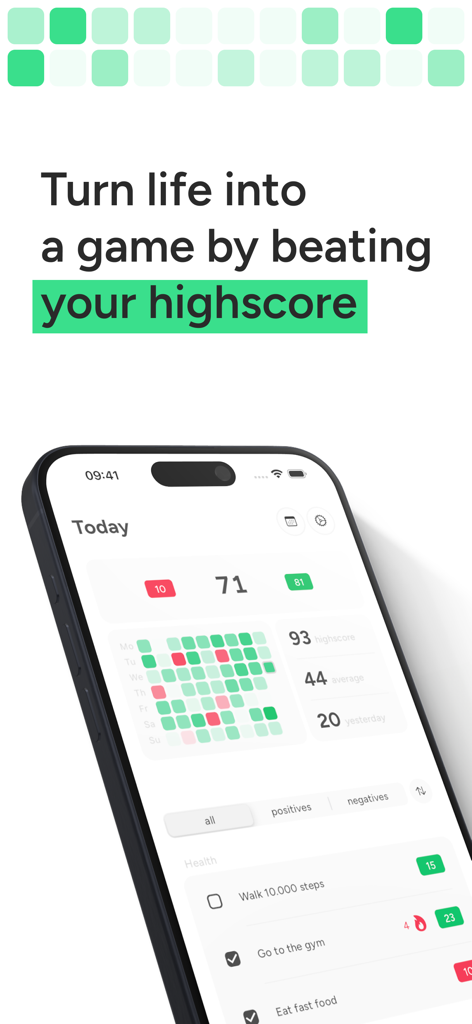 Gameify: Turn Life into a Game - Interface do aplicativo Gameify em um iPhone mostrando pontos de hábitos diários e rastreamento de pontuação máxima