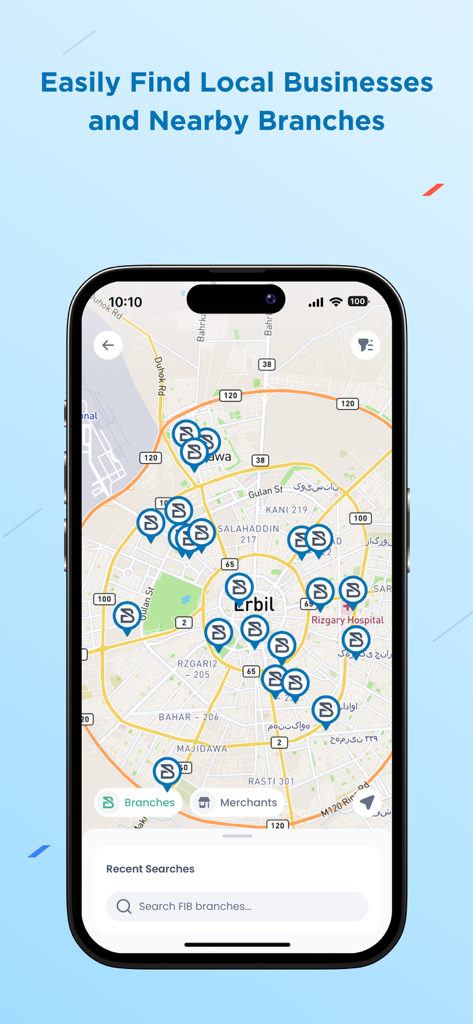 First Iraqi Bank for Business - Vista de mapa que muestra las sucursales y comerciantes del Primer Banco Iraquí en Erbil