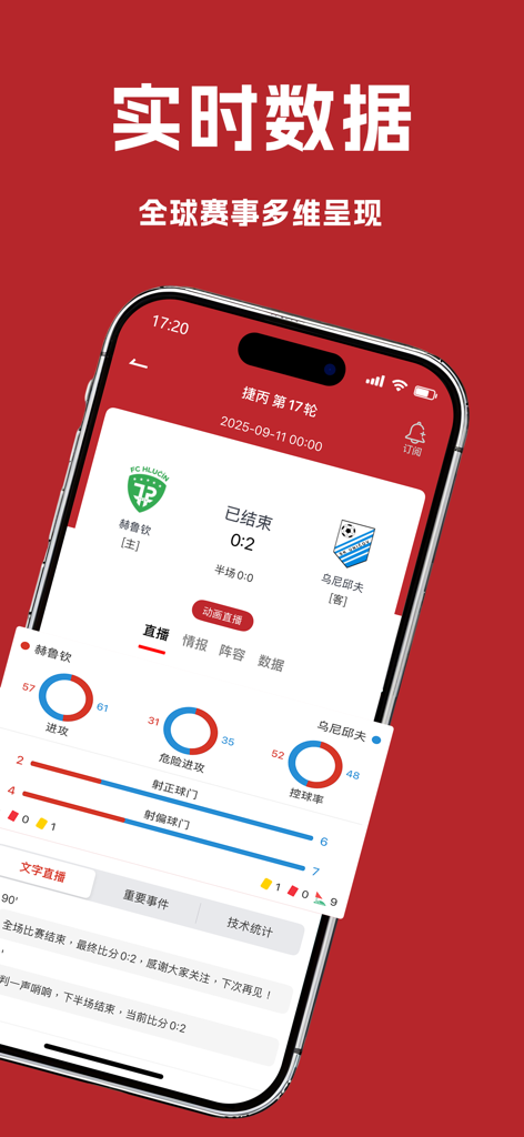 懂球宝-足球篮球体育 - Dong Qiu Bao mobile app screen showing real-time soccer match statistics and data visualization
