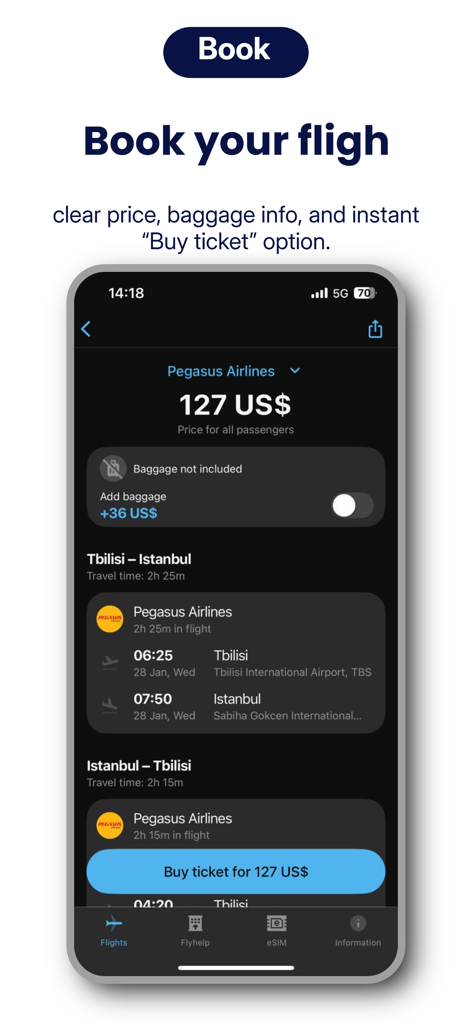 Avia.ge App-Oberfläche mit Buchungsdetails für einen Flug von Tiflis nach Istanbul.