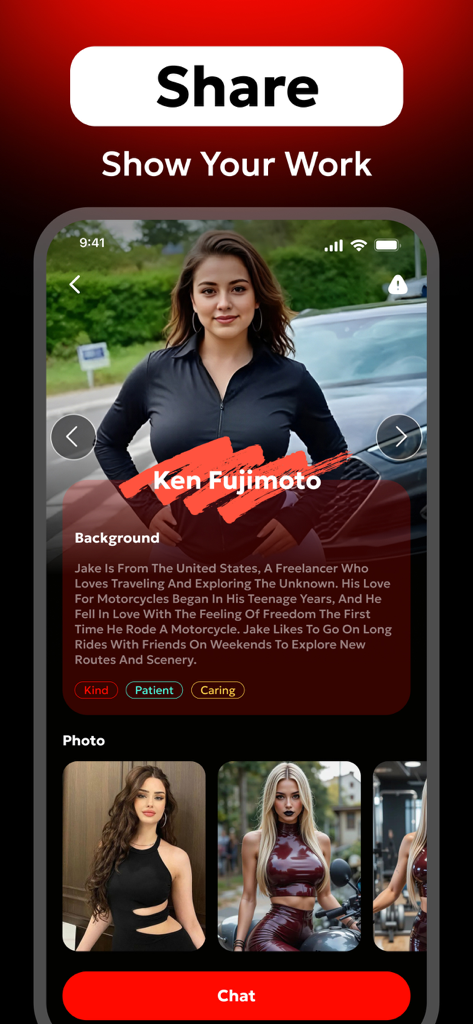 Aibik - Live Video & Chat Now - A mobile app screen showing a profile for an AI motorcycle companion named Ken Fujimoto with a biography and photo gallery.