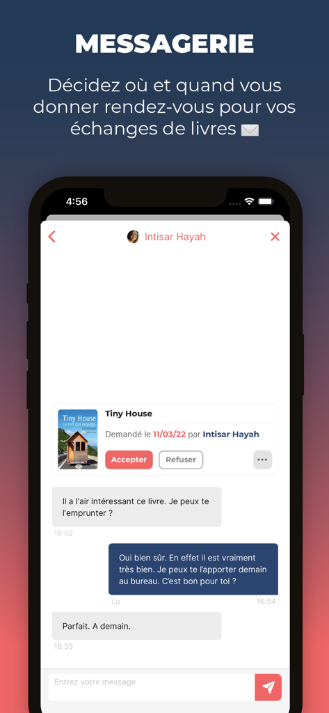 MyBlio app messaging interface for coordinating book loans and exchanges between users