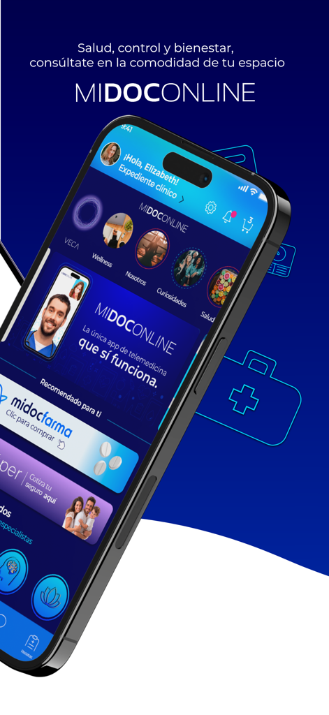Mobile app interface of MIDOCONLINE showing telemedicine services, health records, and an integrated online pharmacy.