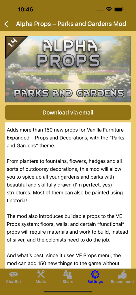 RimW - Game Mods (RW, Rim) - RimWアプリのRimWorldバージョン1.4用Alpha Props Parks and Gardens MODの詳細と説明を表示する画面