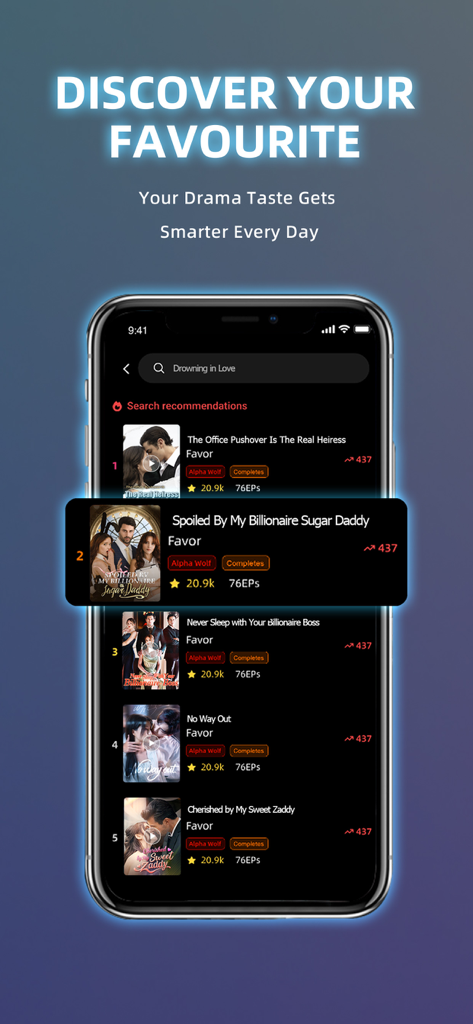 Saros TV - Shorts & Reels - Interface de l'application Saros TV sur un smartphone montrant une liste classée de titres de drames courts tendances avec des recommandations personnalisées