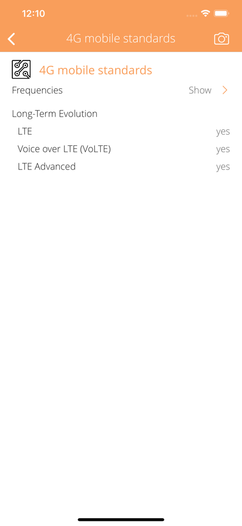 Cellular Infoアプリの4Gモバイル規格LTE、VoLTE、LTE Advancedのサポートを示すスクリーンショット。