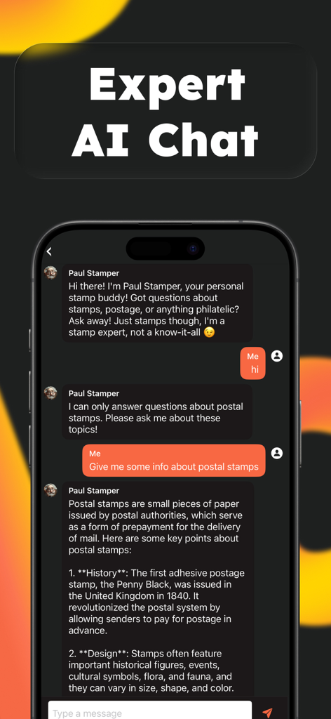 Expert AI chat feature in the Stampy app providing historical information and facts about postal stamps