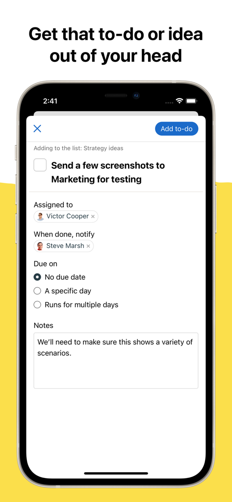 Bildschirm der Basecamp-App mit der Schnittstelle zum Erstellen einer neuen To-do-Aufgabe mit Feldern für Zuweisung, Fälligkeitsdatum und Notizen