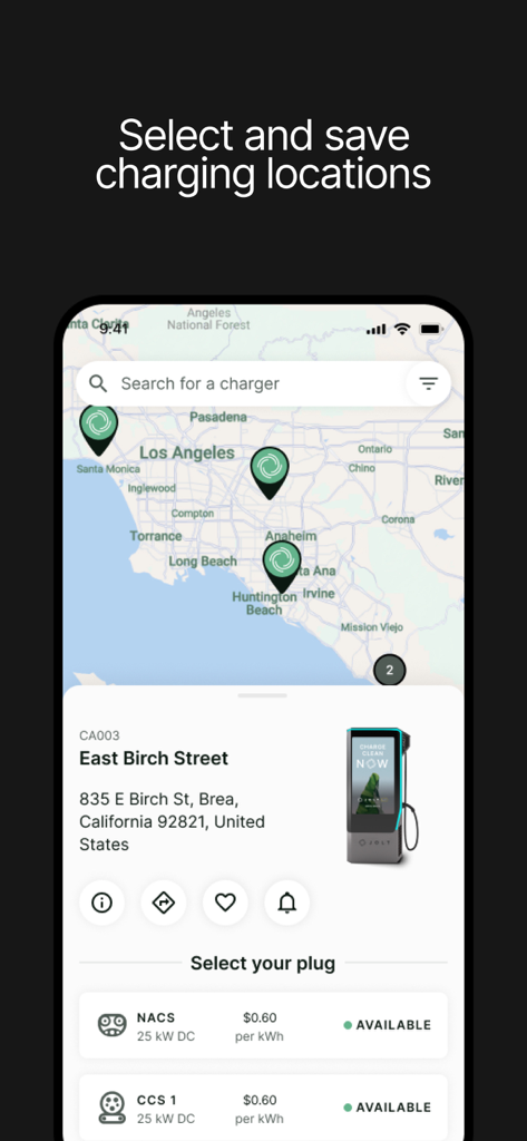Map view of JOLT electric vehicle charging locations in Los Angeles showing plug availability and pricing