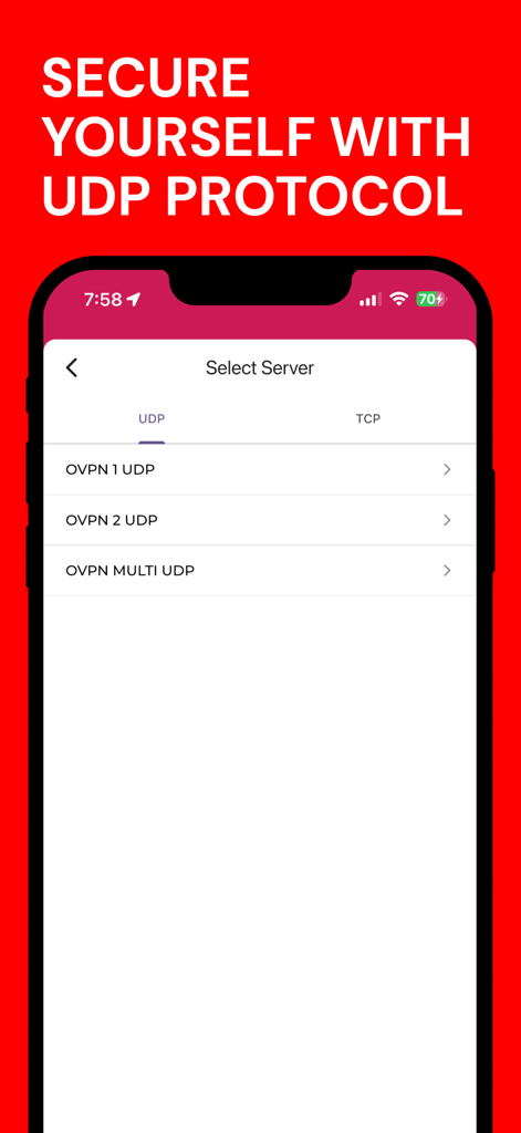 AM TUNNEL LITE App-Oberfläche, die eine Liste sicherer OVPN-Server anzeigt, die über das UDP-Protokoll verfügbar sind