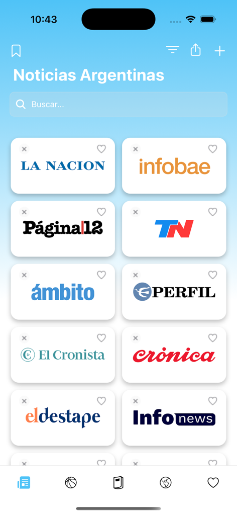 Interfaz de la app Noticias de Argentina mostrando una cuadrícula de fuentes de noticias argentinas que incluyen La Nacion e Infobae