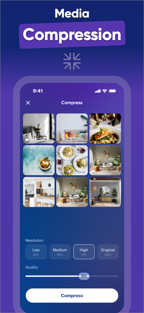 Cleaner ・Phone Storage Cleanup - ストレージスペースを節約するために写真と動画を圧縮するオプションを示すスマートフォンの画面。