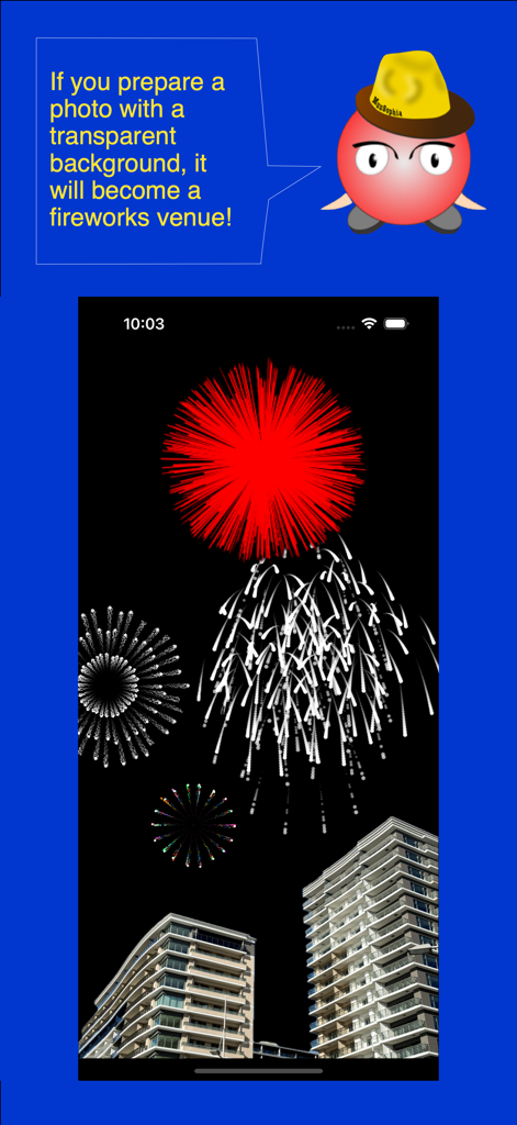 Let's start fireworks festival - Red and white fireworks exploding over modern city buildings with a custom background.