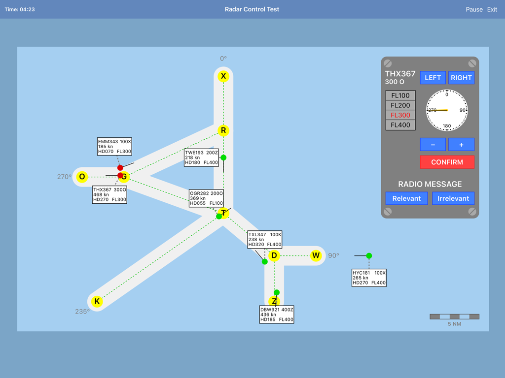 A radar control test simulation screen on iPad showing aircraft tracking and navigation waypoint management for ATC training.