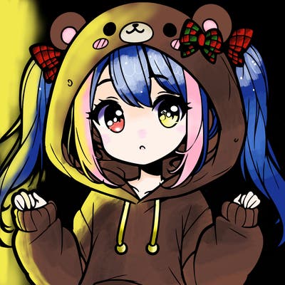 cute anime girl with ponytails and a cute bear hoodie