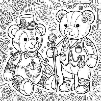Embark on a delightful journey with these charming steampunk teddy bears, merging cuddly nostalgia with intricate industrial design. This unique coloring template offers a fantastic blend of vintage mechanics and beloved plush companions, perfect for a creative escape.
